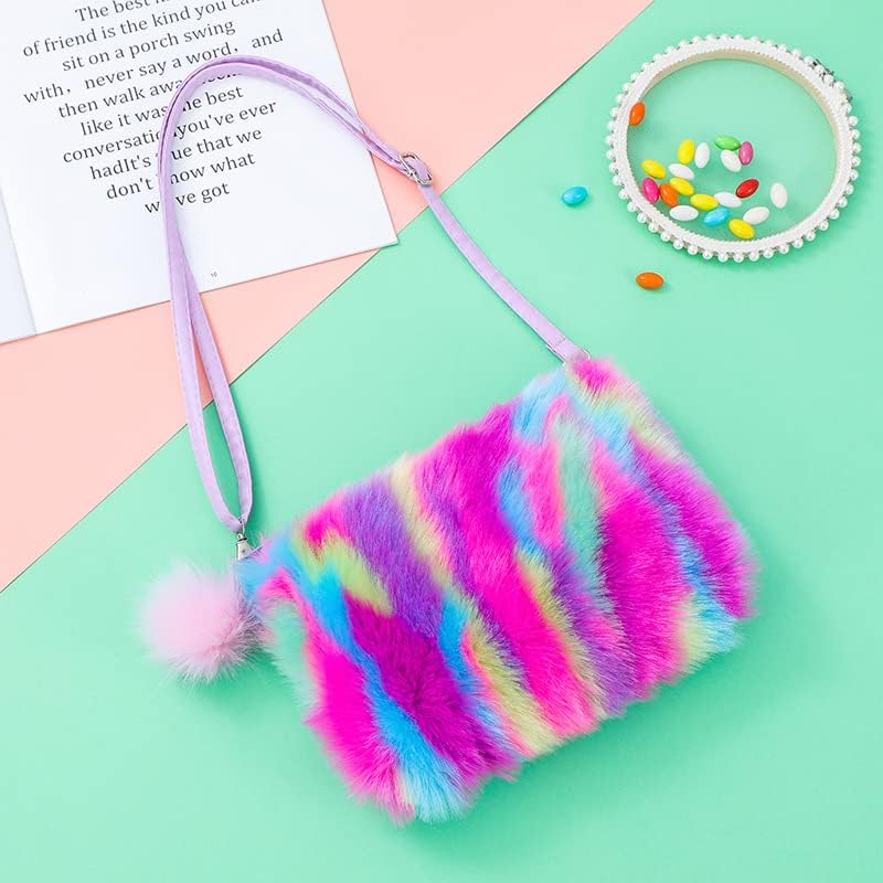 Newfancy Women Girls Kids Fluffy Fuzzy Bag Plush Tie Dye Rainbow Crossbody Purse Wallet - Image 1